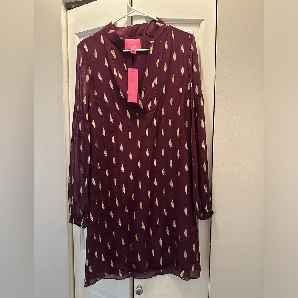 NWT LILLY PULITZER SHEA SILK DRESS SIZE 6 CABERNET BERRY METALLIC DIAMOND CLIP